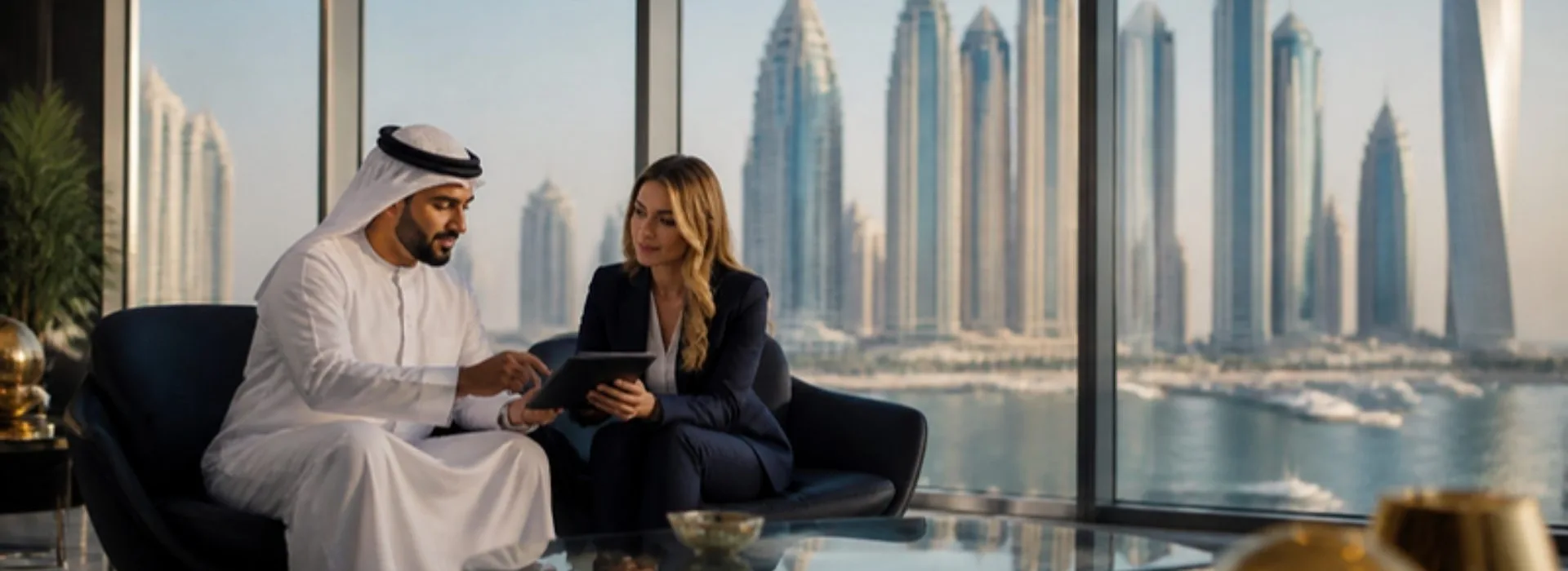 Business advisory meeting in a Dubai office overlooking Dubai Marina