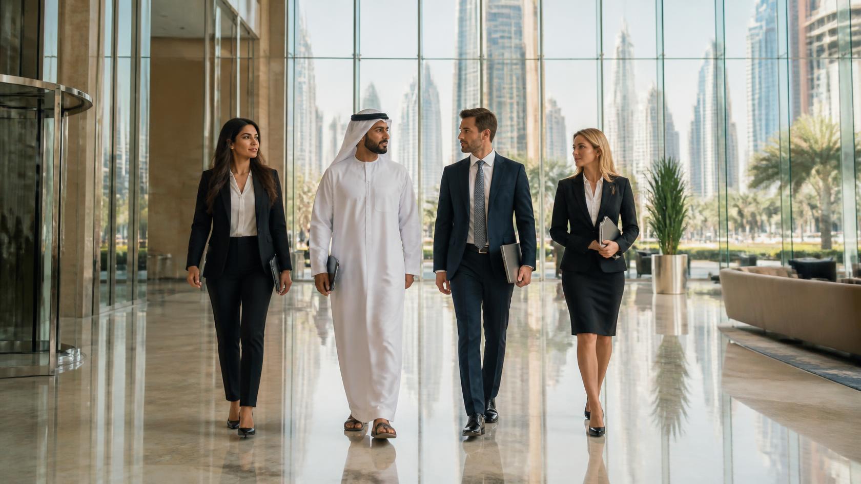 Professional team of chartered accountants walking in modern Dubai office lobby