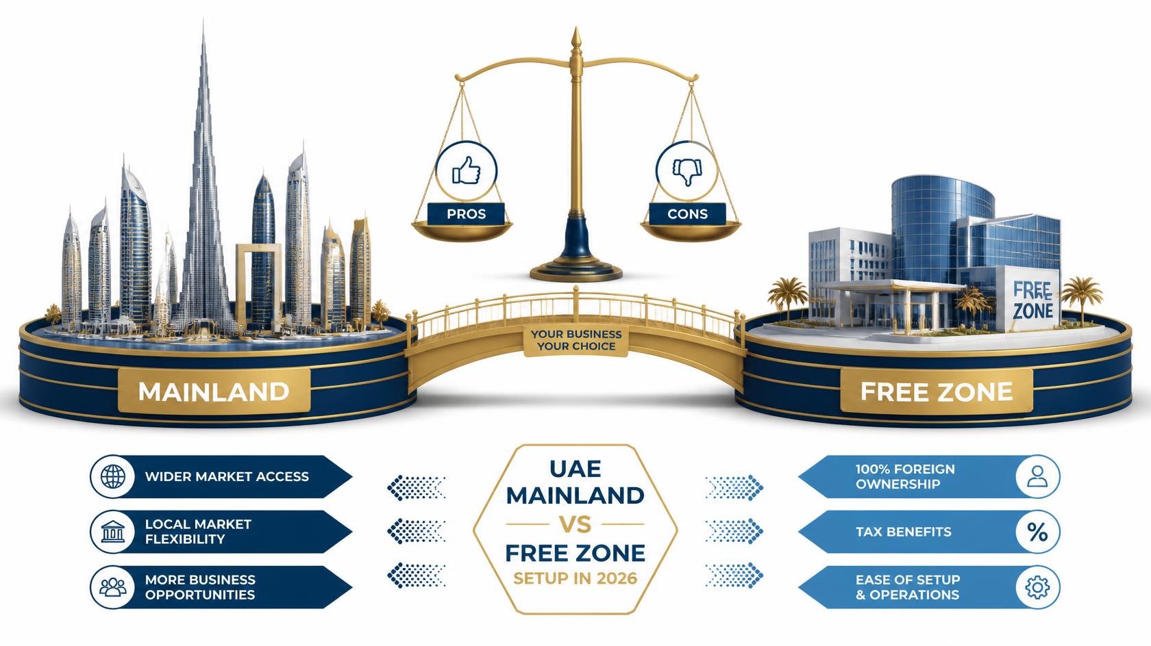 UAE free zone company formation illustration showing free zone business setup benefits and process